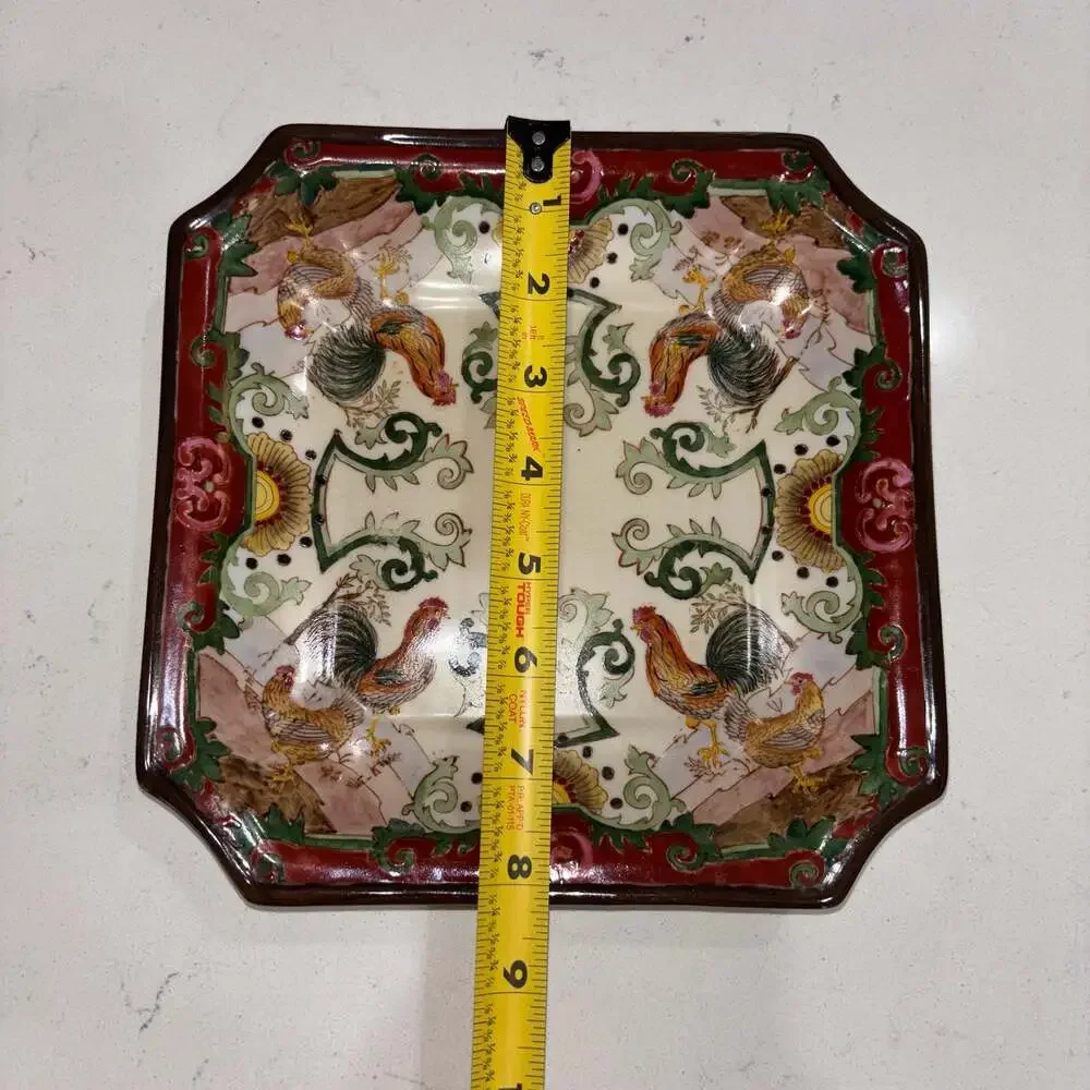 Hua Rong Tang Hand-Painted Square Rooster Decorative Plate